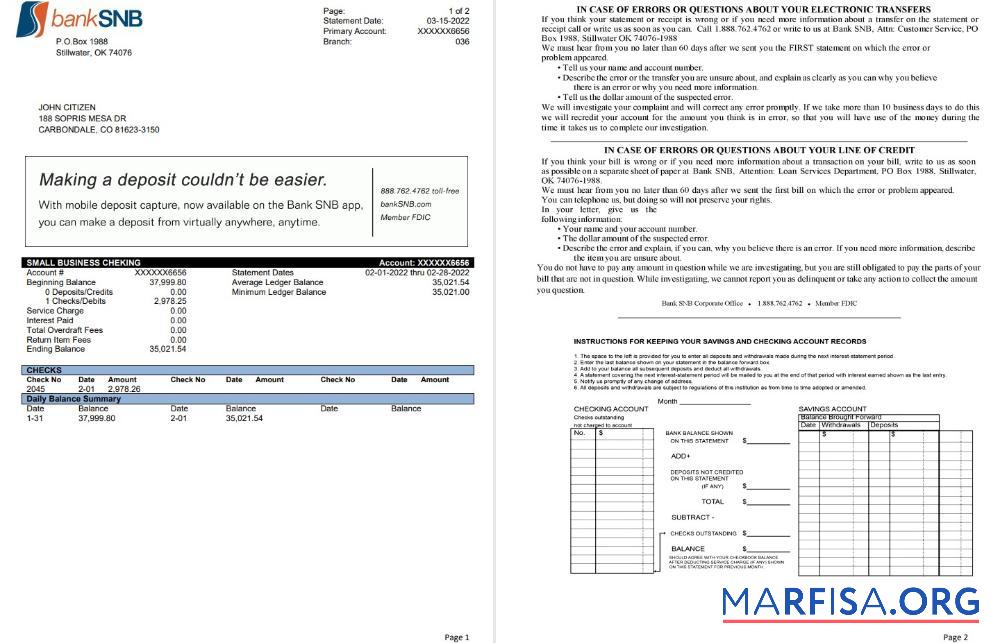 Realistic USA Oklahoma SNB bank statement word 2 pages download for verification